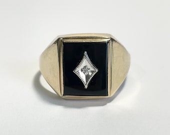 Black Onyx Diamond Signet Ring-Vintage 10k Gold - Retro Era - Rectangular Black Onyx & Diamond Ring Sz. 12 - Fine Statement Jewelry - 1940s