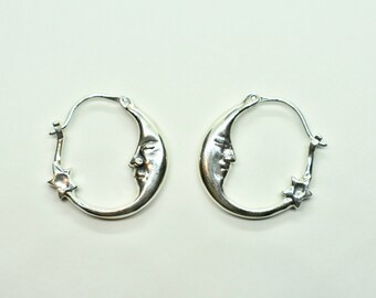 925 Sterling Silver *Original Antique Vintage New* Moon & Star Celestial Hoop Earrings