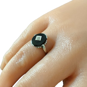 Genuine Onyx & Diamond Ring -Vintage 10k White Gold - Retro Era - Sz 5 1/4 - 1950s - Fine Statement Jewelry