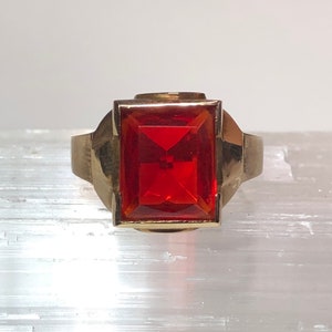 Simulated Ruby Ring Retro Era 10k Yellow Gold Red Glass Ring Sz. 11 Fine Signet Statement Jewelry image 5