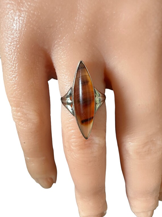 Agate Ring-vintage 10k White Gold - Retro Era - Navette
