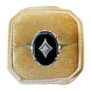 Genuine Onyx & Diamond Ring -  10k White Gold - Retro Era - Size 10 - Vintage 1950s - Fine Statement Jewelry