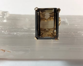 Smokey Quartz Ring- Vintage 14k Yellow Gold 20 ct Emerald Cut Smoky Quartz Cocktail Ring Size. 7- 11.3 grams- Fine Cocktail Jewelry