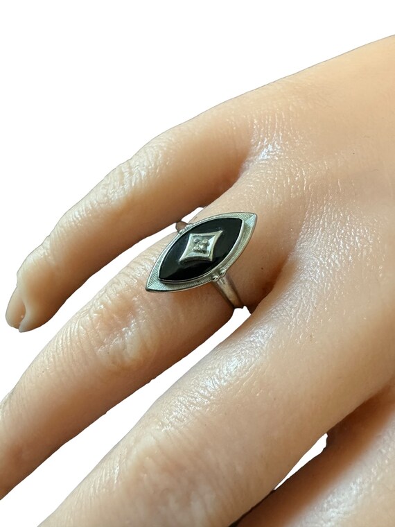 Onyx Diamond Ring-10k White Gold -Genuine Navette… - image 6