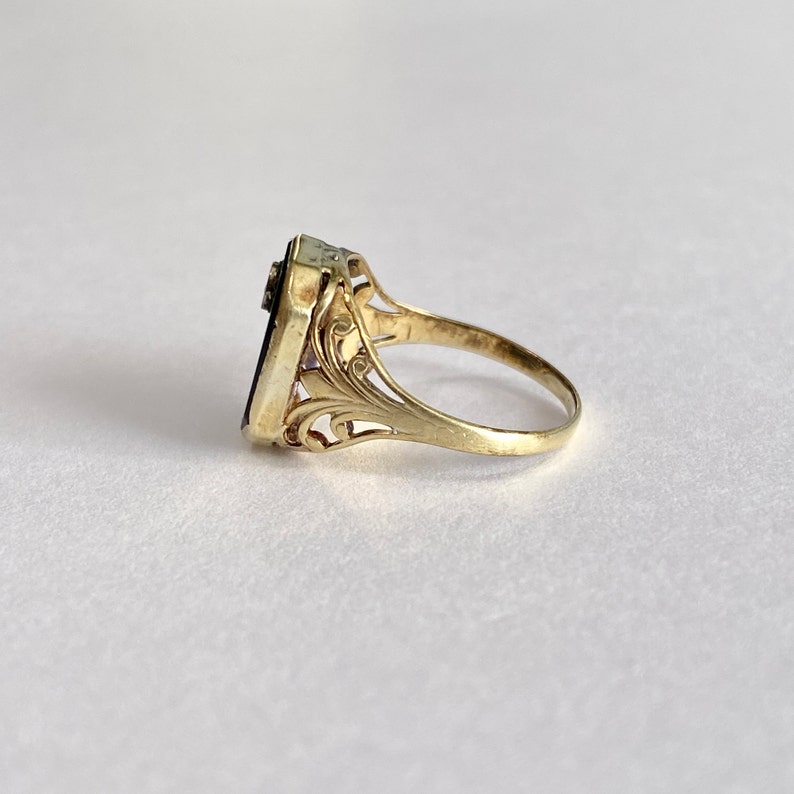 Vintage Onyx Ring Retro 14k Yellow Gold Genuine .03 CT Diamond Gemstone Circa 1940s Era Size 6 14 Black Fine Jewelry