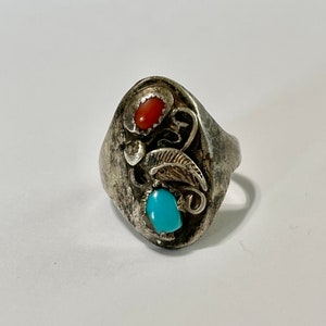 Vintage Old Pawn Navajo Sterling Silver Turquoise and Coral Ring Sz 11 1/4