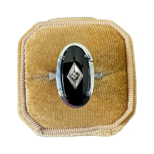 Genuine Onyx & Diamond Ring - Vintage 10k White Gold - Retro Era - Genuine Oval Onyx and Diamond Ring Sz. 6 - 1940s - Signed Jewelry
