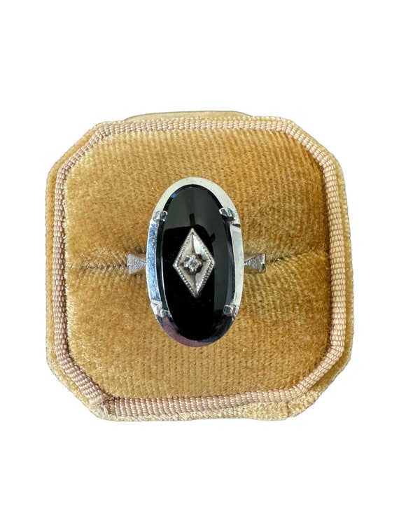 Genuine Onyx & Diamond Ring - Vintage 10k White G… - image 1