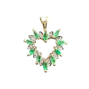 Vintage 10k Gold - 1980s -  Synthetic Emerald & Diamond Heart Charm Pendant - Fine Statement Jewelry