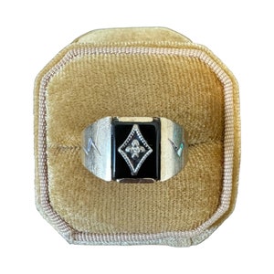 Genuine Onyx Ring - Retro 10k Yellow Gold Black Rectangular Gemstone Lightning Motif Ring Sz. 10 3/4 - Vintage Circa 1940s Diamond Jewelry