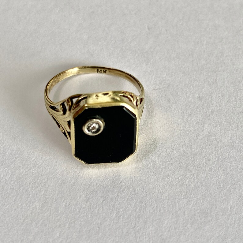 Vintage Onyx Ring Retro 14k Yellow Gold Genuine .03 CT Diamond Gemstone Circa 1940s Era Size 6 14 Black Fine Jewelry