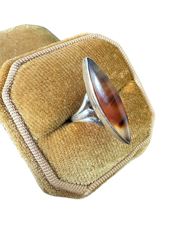 Agate Ring-vintage 10k White Gold - Retro Era - Navette