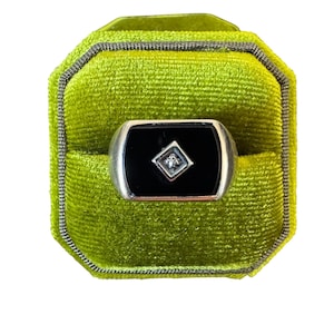 Onyx Signet Ring - Vintage 10k Gold - Retro Era - Genuine Onyx & Diamond Ring Sz. 9 - 1940s - Fine Statement Jewelry