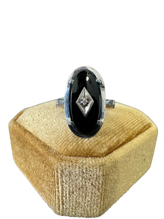 Genuine Onyx & Diamond Ring - Vintage 10k White G… - image 4