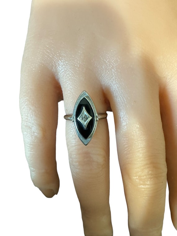 Onyx Diamond Ring-10k White Gold -Genuine Navette… - image 5