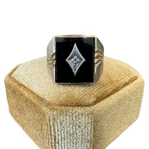 Onyx Diamond Ring - Vintage 10k Two Tone Gold - Retro Era - Genuine Onyx & Diamond Ring Sz. 10 1/4 - 1940s - Fine Statement Jewelry