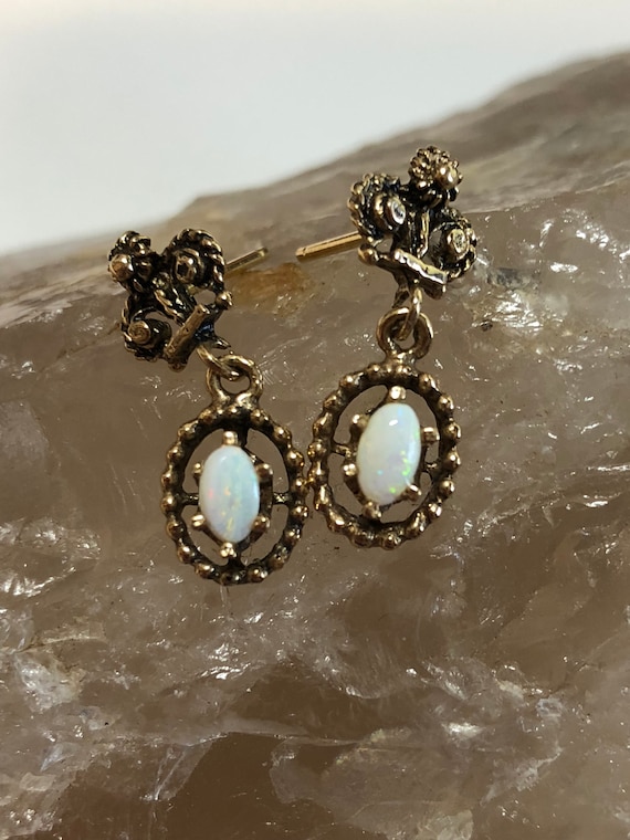 Genuine Opal Drop Earrings-Vintage 14K Gold Ornat… - image 1