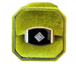 Onyx Signet Ring - Vintage 10k Gold - Retro Era - Genuine Onyx & Diamond Ring Sz. 9 - 1940s - Fine Statement Jewelry