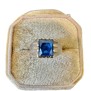 Created Blue Spinel Ring - 10k Gold Emerald Cut Blue Spinel Ring Size. 6 3/4 - Circa 1950s Mid Century Era - Fine Statement Jewelry