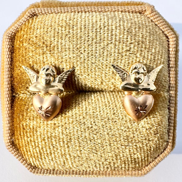 Vintage 14k Two Tone Gold - *signed JCM* - Cherub on Etched Heart Earrings - 1980s