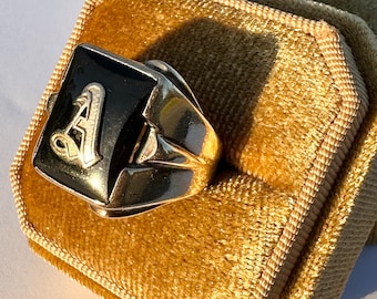 Letter A Signet Ring-Vintage 10k Gold & Genuine Onyx Old English Letter “A” Signet Ring Sz. 10 1/4 - 1940s - Fine Statement Jewelry