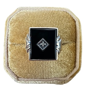 Onyx Diamond Ring-Vintage 10k Gold - Retro Era - Genuine Onyx & Diamond Ring Sz. 8 - 1940s - Fine Statement Jewelry