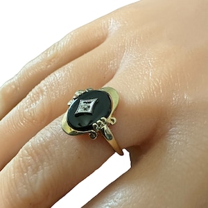 Onyx Diamond Ring-Antique 10k Gold - Art Deco Era - Genuine Onyx & Diamond Ring Sz. 8 1/4 - 1930s - Fine Statement Jewelry