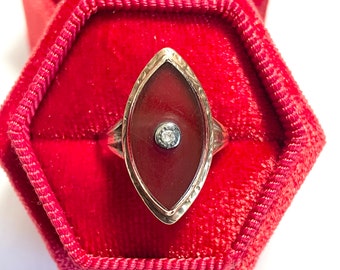 Antique 10k Rose Gold - Art Deco Era - Navette Style Carnelian & Diamond Ring Size 6 3/4 - Fine Statement Jewelry - 1920s
