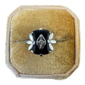 Unique Cut Onyx Diamond Ring -Vintage 14k White Gold - Retro Era - Genuine Gemstone Ring Sz. 6 1/2 - 1940s - Fine Statement Jewelry