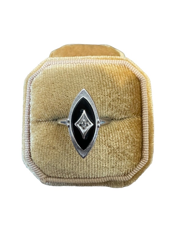 Onyx Diamond Ring-10k White Gold -Genuine Navette… - image 1