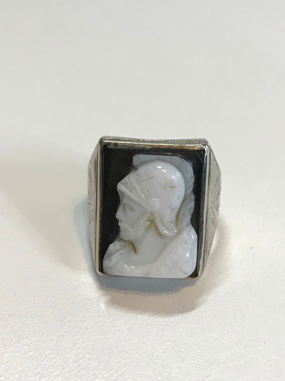 Black and White Carved Roman Onyx Ring-1930's Ant… - image 1