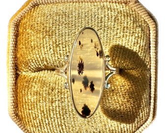 Vintage 10k Gold - Retro Era - Moss Agate Ring Sz. 7 1/2 - 1940s - Fine Statement Jewelry