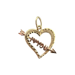 Vintage 14k Two Tone Gold - 1980s - “I Love You” Heart & Arrow Charm Pendant - Fine Statement Jewelry