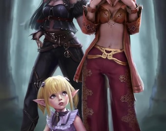 May include: Digital art of three fantasy figures. One figure has black hair and red horns, wearing a black outfit. Another figure wears a red turban and a gold and red outfit. A child with blonde hair and pointed ears wears a purple dress.