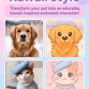 Custom pet portrait, Kawaii style, cute dog cat portrait, wall art for pet lovers, digital downloads