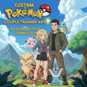 Può includere: Illustrazione digitale con due persone e diversi personaggi Pokémon. L'immagine include il testo "CUSTOM Pokémon COUPLE TRAINER ART" e "Pokémon STYLE COMMISSION". Lo sfondo mostra un cielo blu, montagne e alberi.