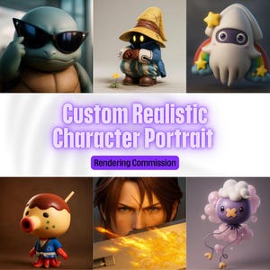 Può includere: Un'immagine che mostra ritratti di personaggi realistici personalizzati. L'immagine presenta diversi rendering di personaggi, tra cui una tartaruga con occhiali da sole, una piccola figura con un cappello e un calamaro dei cartoni animati con un arcobaleno. Il testo "Custom Realistic Character Portrait" è visualizzato.