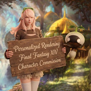 Può includere: Un'illustrazione digitale che mostra un personaggio dai capelli chiari con corna e un fiocco verde, che tiene un cartello in legno con la scritta Personalized Rendering Final Fantasy XIV Character Commission, accompagnato da una piccola creatura bianca.