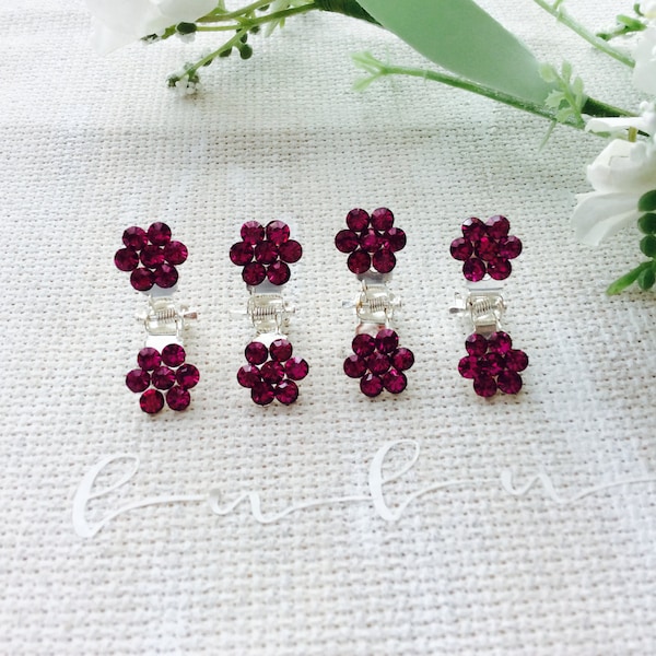 Dainty Small  Mini Flower Hair Claw Clips / Hot Pink Fuchsia Crystal Rhinestones Wedding