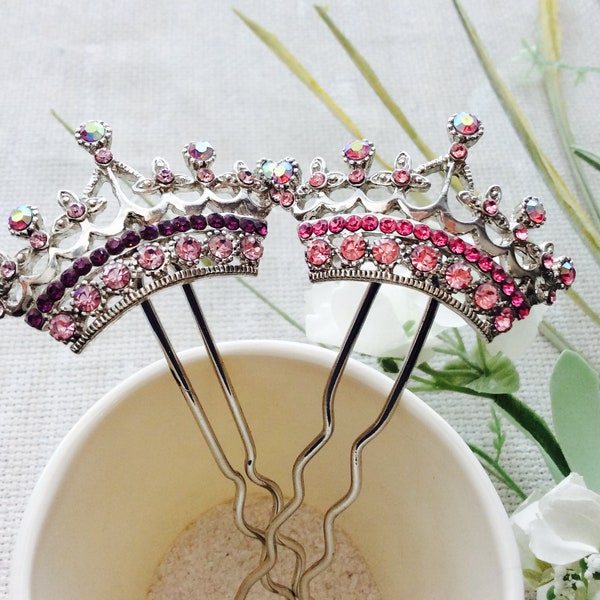 High Quality Pink Purple Tiara Crown Crystal Rhinestone Metal Hair Pin Stick Wedding  Gift