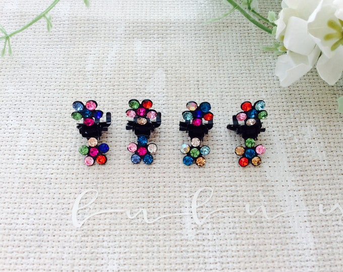 One Pieces Dainty Small  Mini Flower Hair Claw Clips / Multi Color Crystal Rhinestones Holiday Gift