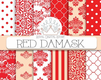 Red Damask Digital Paper: " Red Damask Digital Paper" with red damask background, red damask patterns, red damask textures