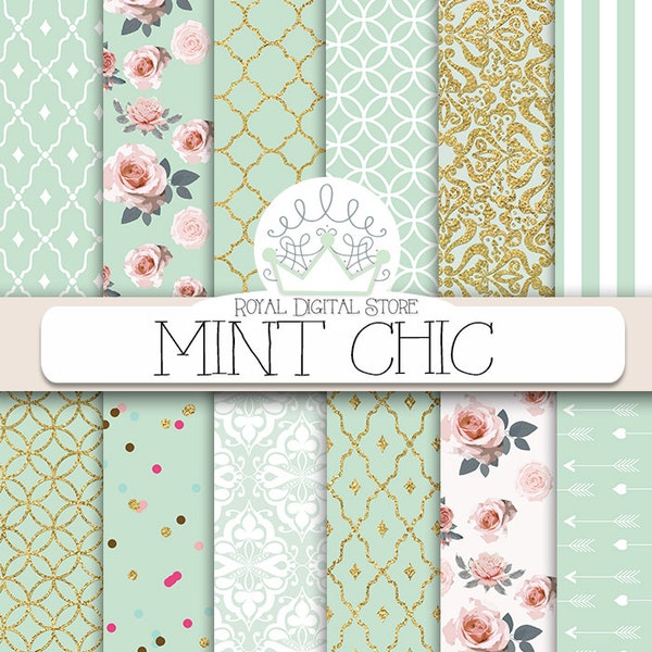 Mint digital paper: "MINT CHIC" with mint background, roses, damask, quatrefoil, mint and gold for scrapbooking, cards, invitations