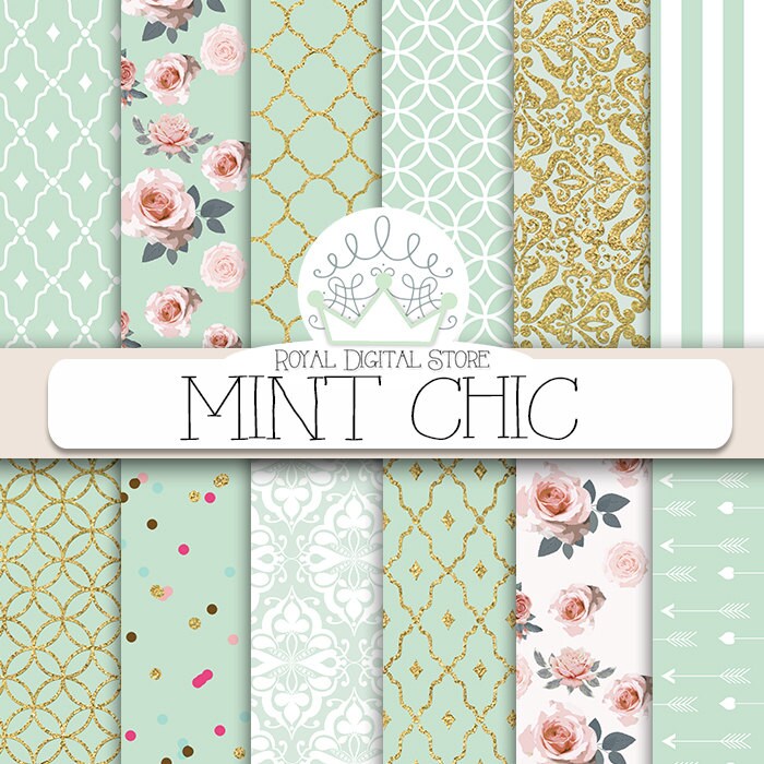 Mint digital paper: "MINT CHIC" with mint background, roses…
