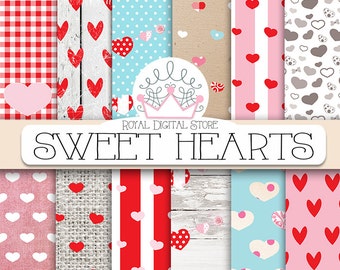 Hearts digital paper: SWEET HEARTS" with heart pattern, heart scrapbook paper in red, pink, white for scrapbooking, cards, valentine