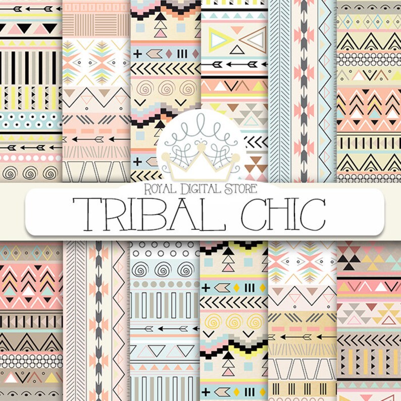 Tribal digital paper: 'TRIBAL CHIC' with tribal, aztec pattern, backgrounds in brown, yellow, mint, soft pink for scrapbooking, invitations 