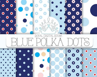 Blue Polka Dots Digital Paper: "BLUE POLKA DOTS" with polka dots background in light blue, dark blue for scrapbooking, planners, invitations