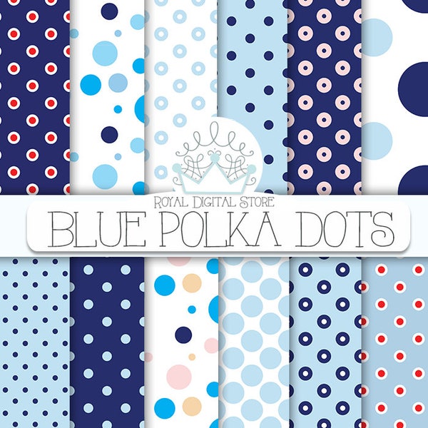 Polka Dots Digital Papier: "BLUE POLKA DOTS" mit Tupfen Hintergrund in hellblau, dunkelblau für Scrapbooking, Planer, Einladungen