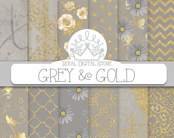 Gray digital paper: "GRAY & GOLD" with gray and gold background, gold scrapbook paper, gray and gold printable for planners, cards