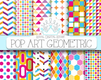 Geometric digital paper: "Pop Art Geometric Digital Paper" with colorful geometric patterns, geometric background, geometric printable